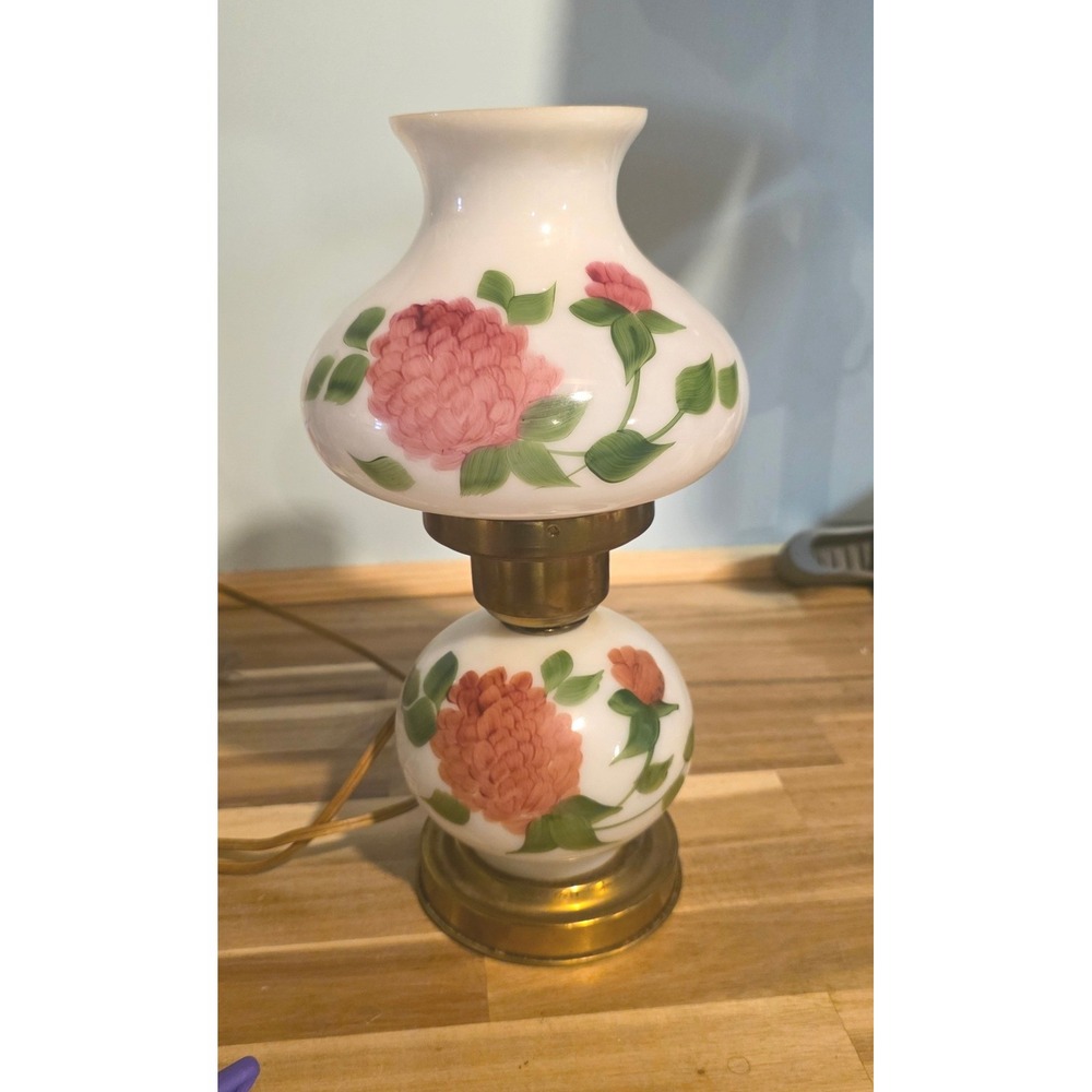 Vintage Milk Glass Hurricane Lamp Hand Painted Pink Peony Floral Table Light